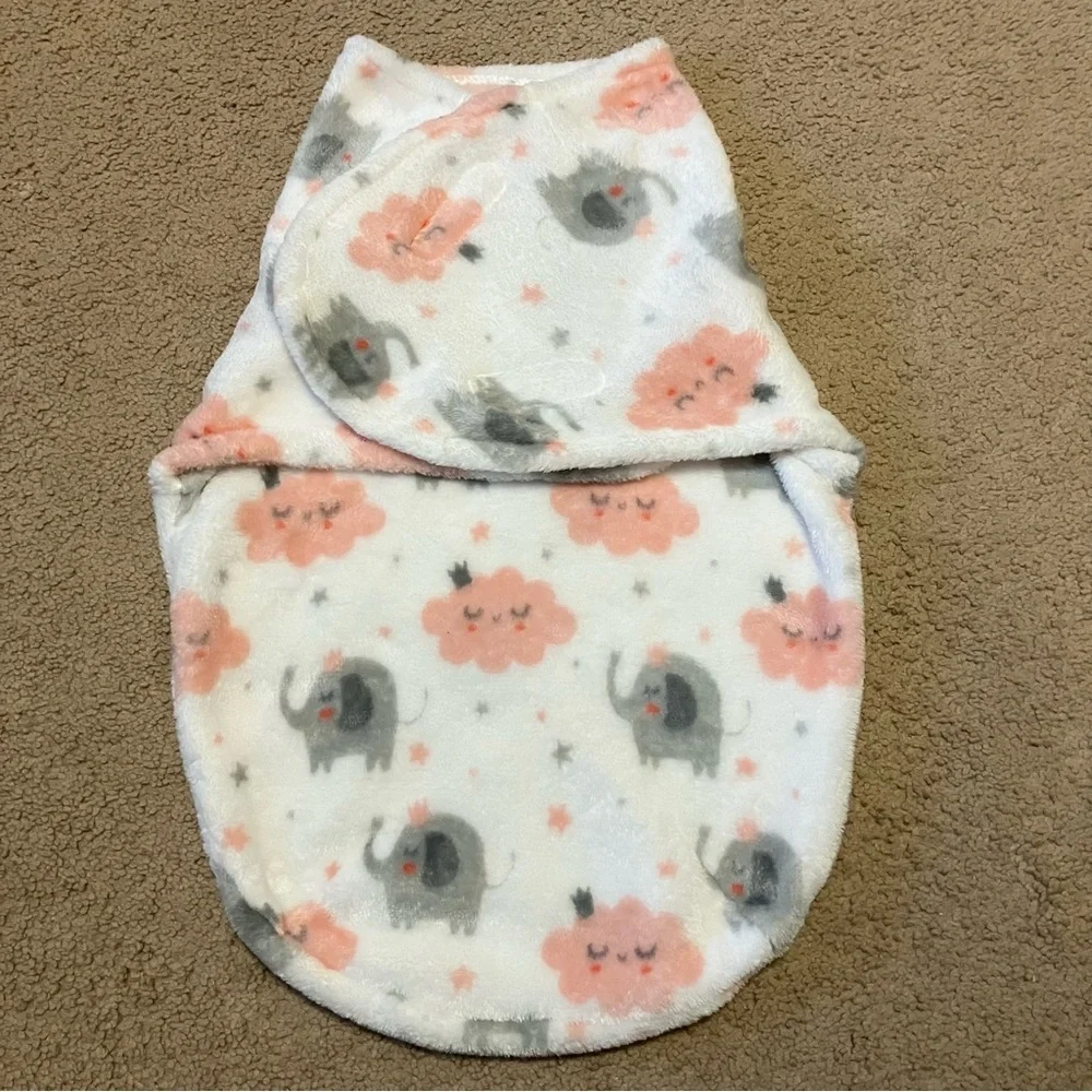Newborn fleece white pink grey elephant swaddle wrap Gerber onesie &‎ Grey pants